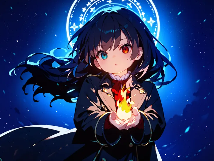  starry sky 、 one girl( heterochromic iridosis eye(Red and Blue)、 dark hair( with long hair 、 Straight Hair )、 black trench coat)、 spread both arms left and right、Magic from your hands(Water from the right hand、 fire from left hand)、Magic circle behind( gr...