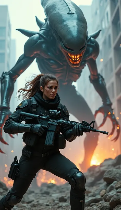 A fearless female army officer in futuristic tactical gear, engaged in intense combat with a monstrous alien creature. She wields a high-tech rifle and a combat knife, her face showing determination and battle scars. The alien, towering over her, has glowi...