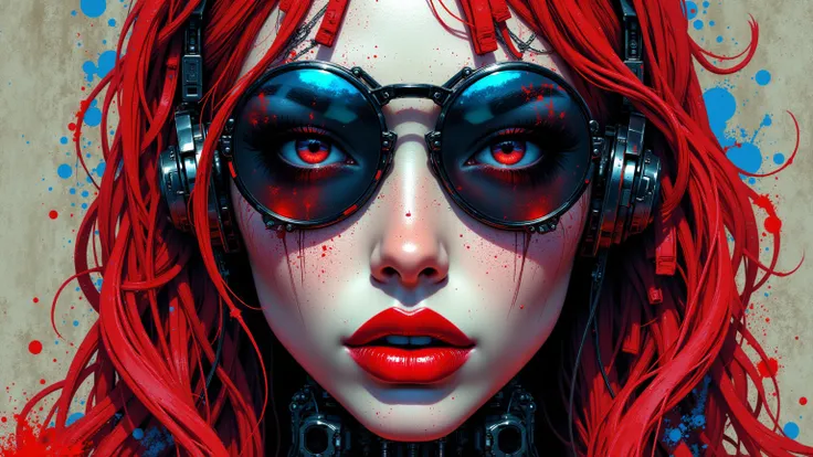 8k,  masterpiece ,  superior quality design, surreal portrait,  female face , Cyberpunk aesthetics,  head glasses ,  red and blue color scheme ,  Paint splash effect,  dramatic eye makeup , [ bold red lips , mechanical neck pieces ,  Futuristic head prop ,...