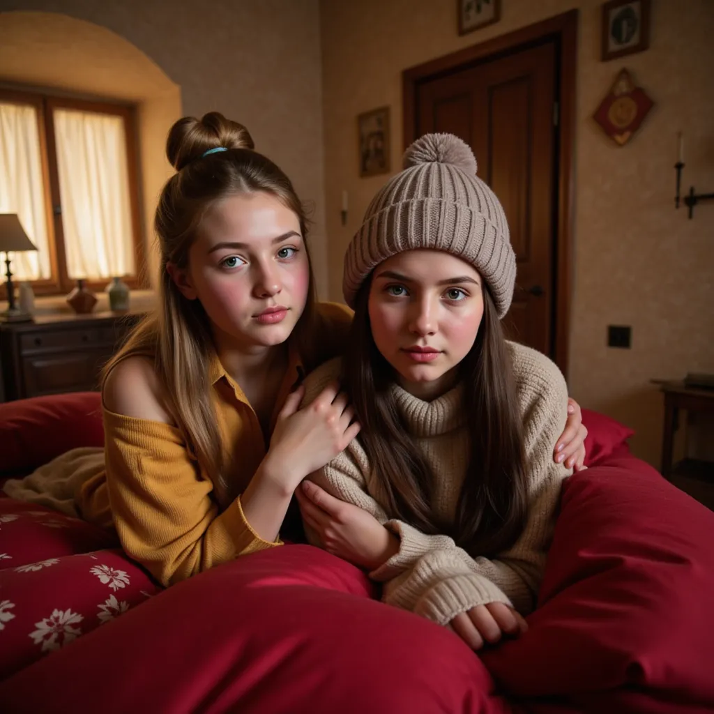 Sleep in a medieval bed. {Ein Sehr muskulöses And durchtrainiertes mit stark definierten Muskeln, normaler rAnder Figur-Typ,  sixteen-year-old girl , She is Russian,  wide shoulders , breiter apfelförmiger Po And Breite Schenkel, Very wide leather choker, ...