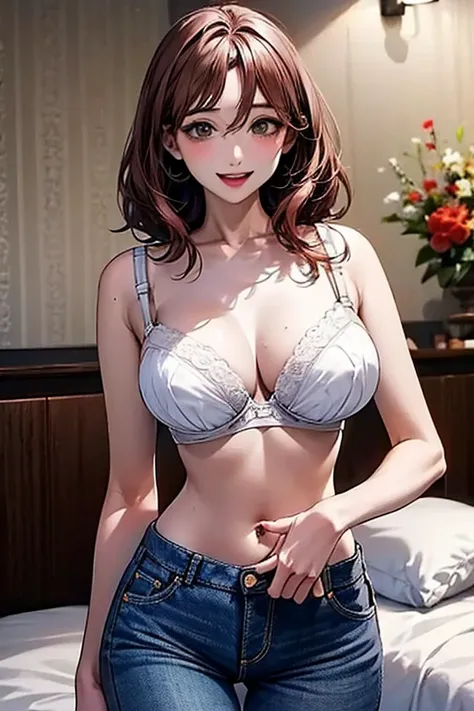 (((sexy white bra)))), Very detailed、highest quality、Best image quality、masterpiece、8k、Anime Face、A kind smile、Open Mouth、((brown middle hair:1.5))、big breast, sexy、 beautiful body 、Cowboy Shot, Sexual Intercourse, ((grey eyes)), hotel bedroom, ((( Jeans))...