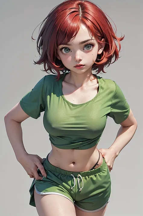 1girl, 1 young tween, athletic, curve, whole body,  standing, (green shorts, green t-shirt ,midriff, red hair, messy hair, short hair, standing, big breasts:1.4), (jogging, facing viewer, grey background, tween:1.8)
