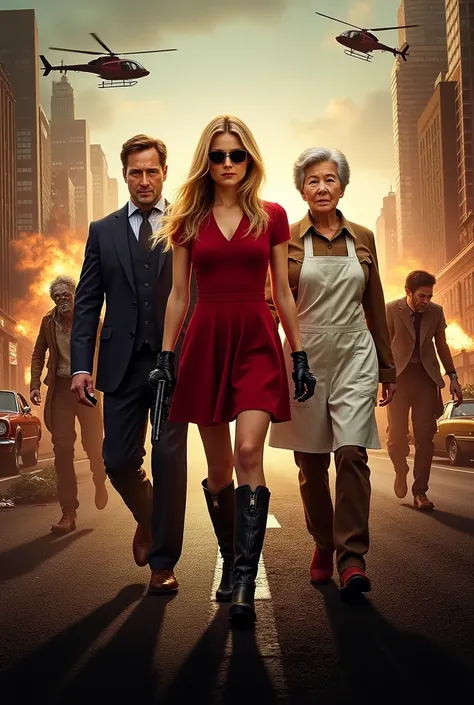  Promotional poster for Resident Evil the movie,  of a 22-year-old woman , blonde,  long loose hair,  wears a red dress , black boots,  long black gloves, black pilot glasses ,  carrying a revolver , On her right side she is accompanied by a Chinese scient...