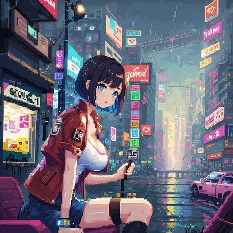 (((   game pixel art taken from inside a car )), Mix 4,(8k,   RAW Photo ,   top quality  ,  Masterpiece:1.2), (   by Nomi , photo-   by Nomi :1.37), ((  in the seat)),   cute ,  cityscape  ,  knight , rain,   wet,    Professional Lighting  ,   photon mappi...