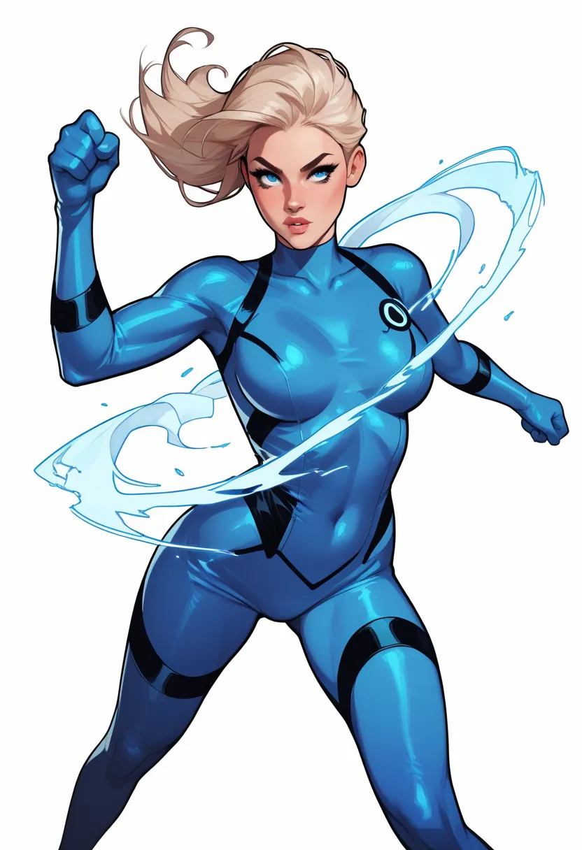 Invisible Woman from Fantastic Four, in action pose, white background, blue bodysuit with the number 4 in the middle, white details