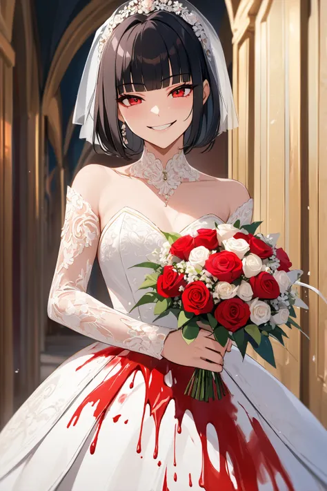 masterpiece, 1 bride, blood on white wedding dress, holding white bouquet, holding a gun and point it to someone, smirk, red eyes, black hair, blunt bangs
