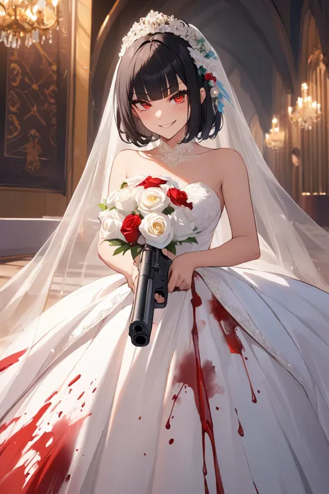 masterpiece, 1 bride, blood on white wedding dress, holding white bouquet, holding a gun and point it to someone, smirk, red eyes, black hair, blunt bangs
