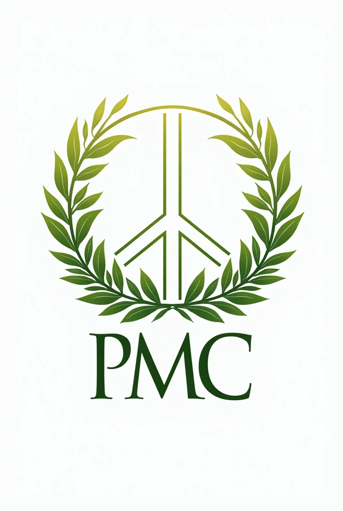 Put a peace symbol logo (png) in the shape surrounded by laurel trees to highlight the P M C letters to create a matching logo