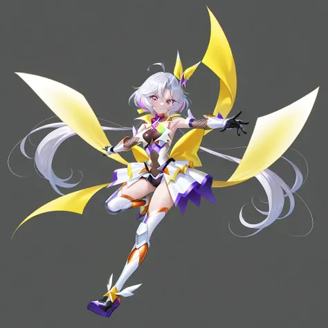 anime girl, 1girl, looking at viewer, simple background, full body, flying, gloves, back bow, leotard, skirt, shining costume magical girl, precure face, symphogear costume, taimanin costume, waist armor,
