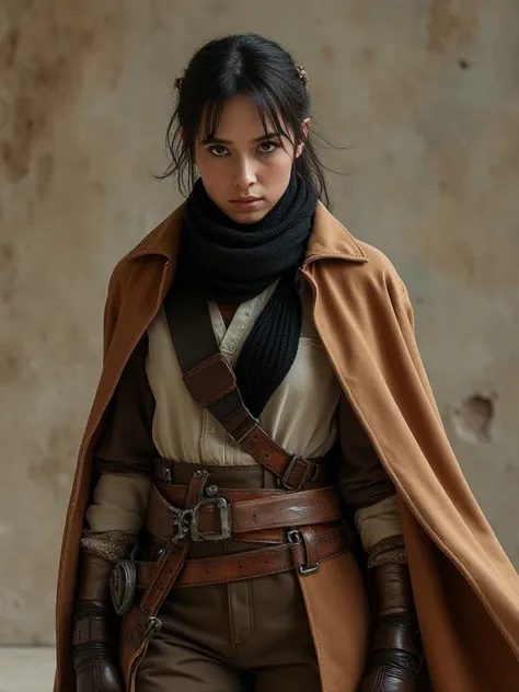   girl in brown outfit and brown trench coat , (8 K,  Raw foto,    rolled up  ,   masterpiece:1.2), (  realistic, photo  realistic:1.37),    studio lighting , One,  upper body ,   white shirt , black scarf, brown straps  ,  and a reconnaissance squad cape ...