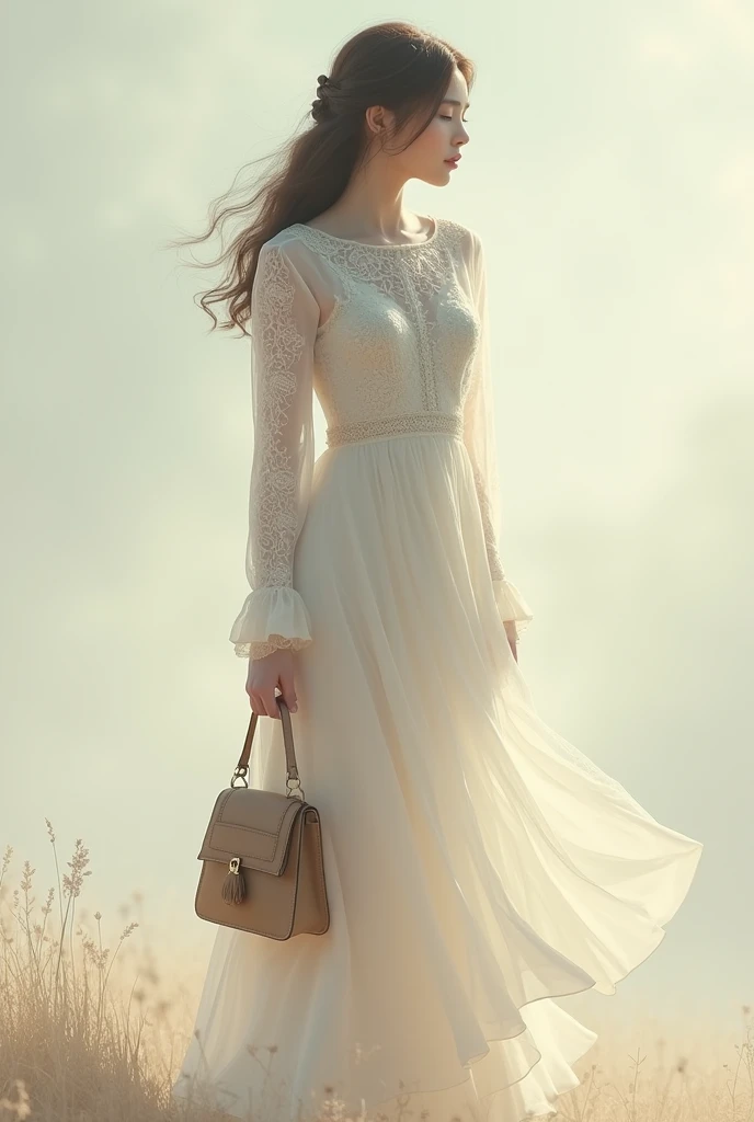  White woman, waist-length hair, long sleeve dress with lace, Full body with bag in hand