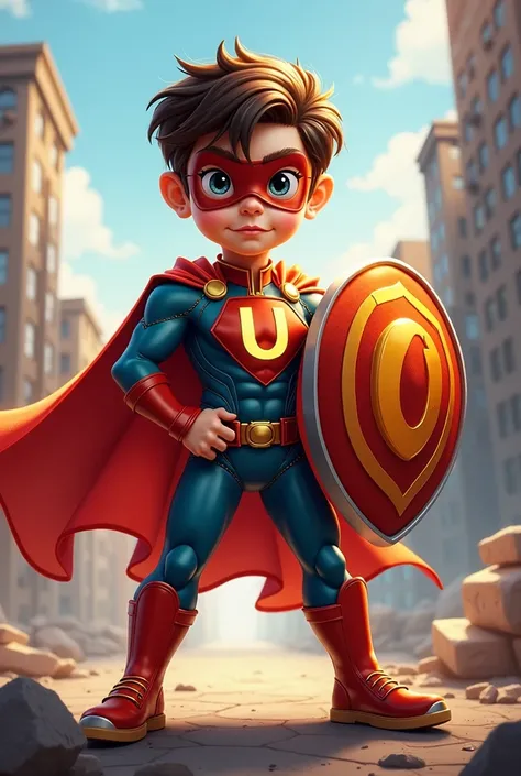  boy wearing boots , glasses and superhero costume on the chest with the letter U