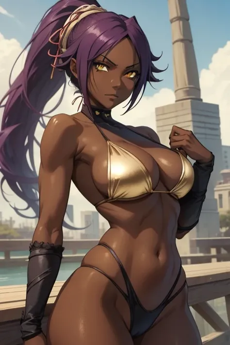 yoruichi shihouin, dark skin, long dark hair, ponytail, gold eyes, ((detailed eyes:1.2)), large breasts, nsfw, wearing slingshot bikini, sexy, sensual, masterpiece, top quality, best quality, official art, beautiful and aesthetic:1.2), extreme detailed, co...