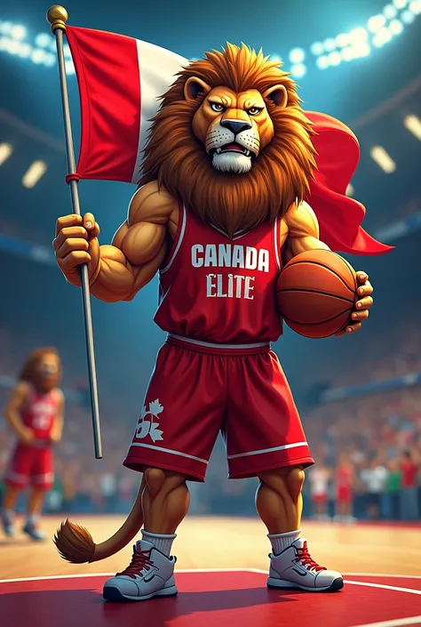 Lion is an animal basketball player with the inscription MURTAZA international elite and the CANADIAN flag in his hands