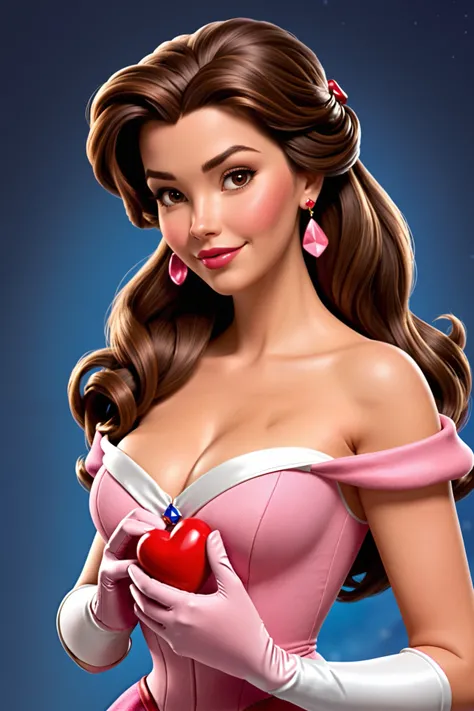  Belle's appearance from Disney's Beauty and the Beast:  nude,  Beautiful,  big breasts,  hairy pubis,  uncensored.
 medium length brown hair .
 brown eyes. 
full pink lips.
rosy cheeks. 
heart shaped face. 
Sculptural figure. Wears opera gloves, earrings ...