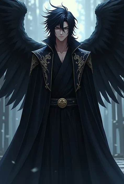 anime style man,  Black Wild Shoulder Hair,  expressionless , Mage's Robe: Black Angel Wings