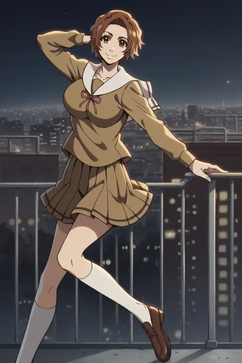 score_9, score_8_up, score_7_up, source_anime, masaki kurosaki, short hair, brown hair, brown eyes, large breasts,, skirt, ribbon, school uniform, pleated skirt, serafuku, socks, kneehighs, white socks,, city skyline, rooftop view, night time, city lights,...