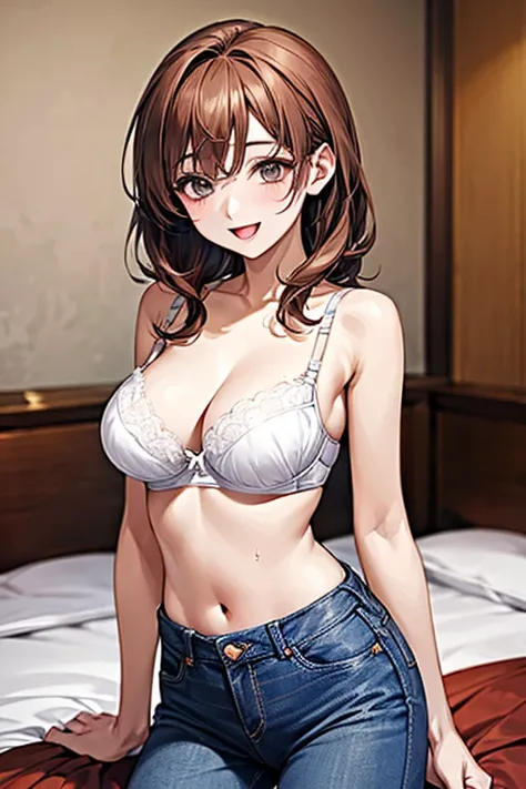 (((sexy white bra)))), Very detailed、highest quality、Best image quality、masterpiece、8k、Anime Face、A kind smile、Open Mouth、((brown middle hair:1.5))、big breast, sexy、 beautiful body 、Cowboy Shot, Sexual Intercourse, ((grey eyes)), hotel bedroom, ((( Jeans))...