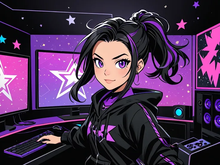 Create an image make a character , A BLACK one like her hair in the color black and purple with star details and a fun hairstyle,  in black clothes ,  with a cool background , with the cartoon line and with a more dynamic pose, With a background like a gam...