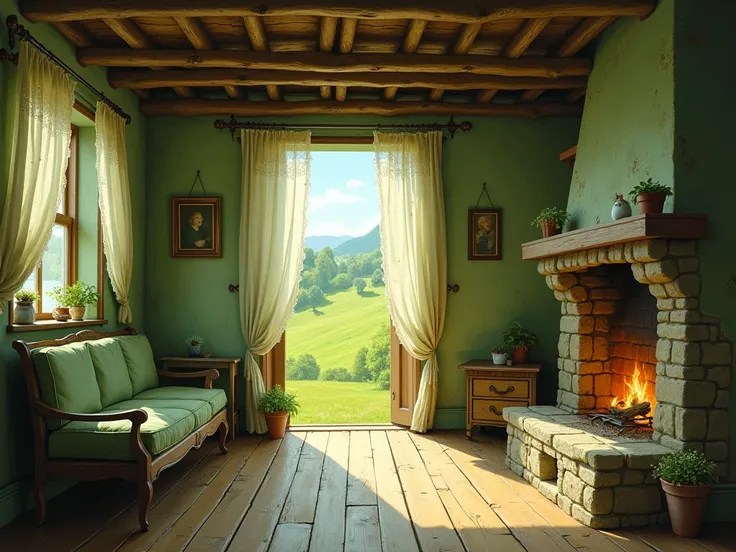 Beautiful painting in green tones, interior style, farm 