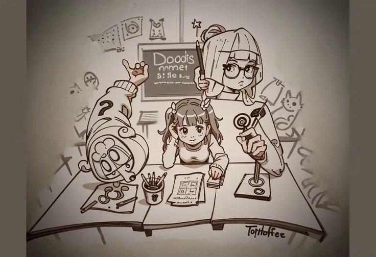 sketches of a group of cartoon characters sitting around a table, classroom doodle, (inktober), cthylla's laboratory!, doodle, inktober, inspired by Awataguchi Takamitsu, doodles, drawn on paper, pencil doodle, handdrawn, inking, hand drawn cartoon, fanart...