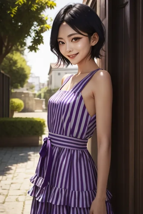 kuchiki rukia, 1girl,solo, short hair,black hair, purple eyes, looking at viewer, smile, parted lips, upper body, outdoors, dynamic lighting, cinematic,Striped maxi dress with a tiered skirt 