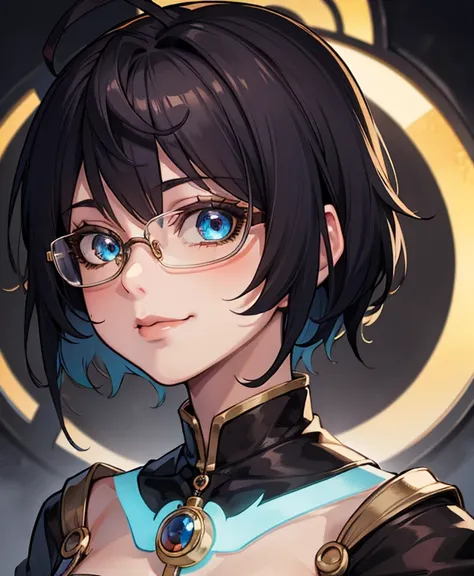 masterpiece,best quality, ultra-detailed, 1girl, beautiful detailed eyes, beautiful detailed glow, 1girl, glasses, short hair, smile, cute