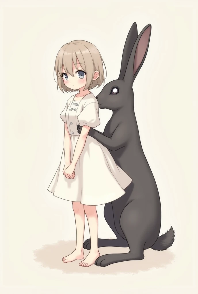 very shy cute anime girl white dress and white ayes and black tall hare