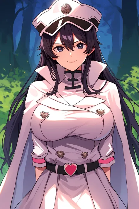 solo, 1girl, bambietta_basterbine, black hair, long hair, hair between eyes, white peaked cap, white cape, cape covered arms, white gloves, white jacket, white skirt, black belt, heart belt buckle, pink clothing accents, large breasts, score_9, looking at ...