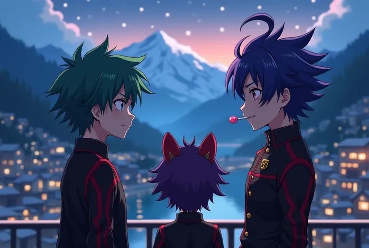 3 oc de l'anime inazuma eleven sauvage 
beaux gosse menaçant aggressif.
garçon 1 cheveux bleu et vert herisssé sauvage form dragons yeux ecarlate 
maquillage de vampire croc acceré 
tranchant.uniform noir et rouge.avec le nom haru.

garçon 2 cheveux violet...