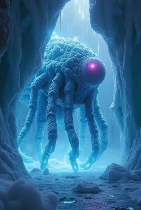 "Surreal cinematic scene of an ancient Antarctic monster awakening beneath cracked ice. The creature has translucent bioluminescent skin, glowing blue veins, tentacles fused with ice crystals, and a massive eye covered in frost. Its body emerges from a fro...