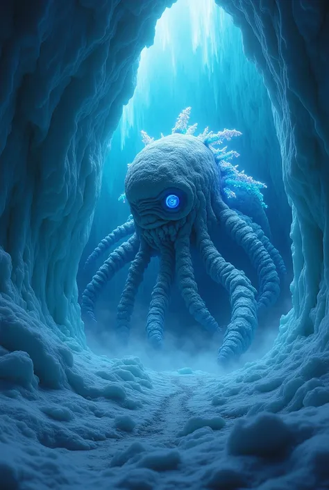 "Surreal cinematic scene of an ancient Antarctic monster awakening beneath cracked ice. The creature has translucent bioluminescent skin, glowing blue veins, tentacles fused with ice crystals, and a massive eye covered in frost. Its body emerges from a fro...