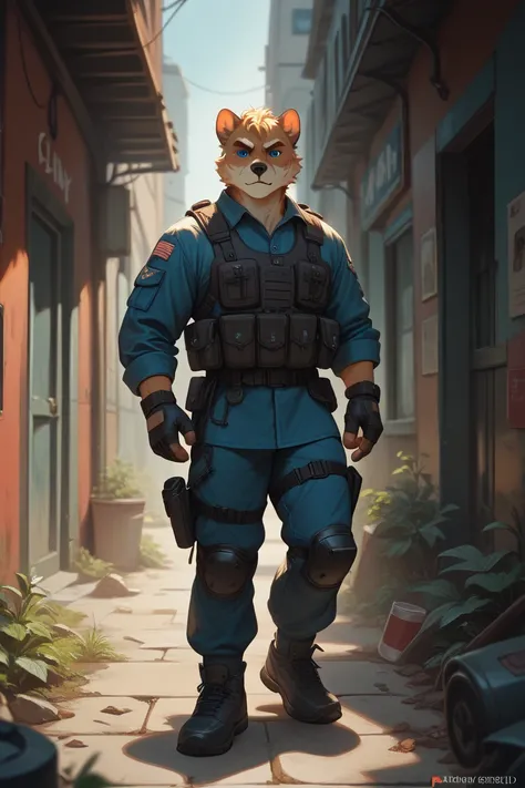 Blue-eyed blond furry,  full body, soldier