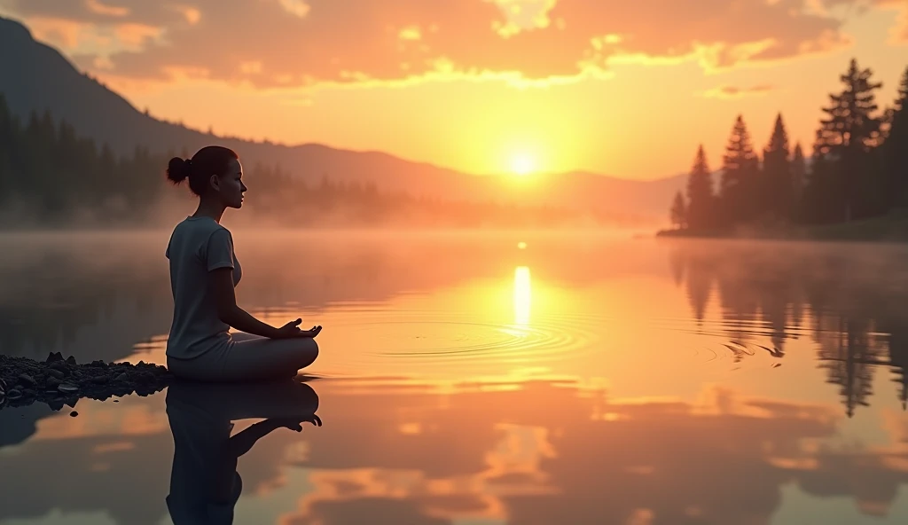  A person seated beside a tranquil lake during sunset, reflected perfectly in standing water , symbolizing inner stillness and divine consciousness .