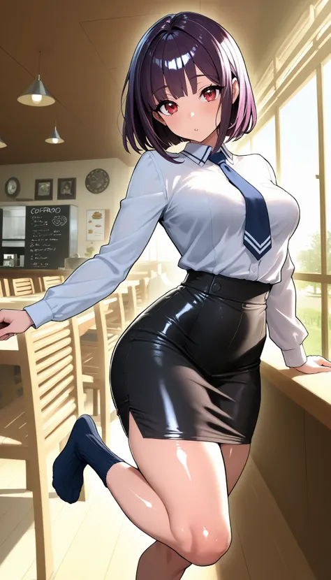  masterpiece,  the best quality,4 girl,  young girl , plum _pie eyes, café, choppy bob,envious _rostro, shiny skin, Medium Breasts, pretty leg line :1.3, thick thighs,  slim waist lingerie, school uniform, socks altas,tie,((Pencil skirt)),taWITHes rojos,  ...