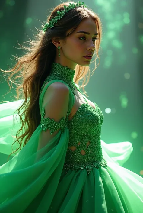 real photo of a celestial beautiful and elegant quinceanera with elegant and enchanting green and electric green long sleeves high neck dress becomes a beautiful gorgeous and elegant and powerful and passionate goddess, her beauty is beyond physical and mo...