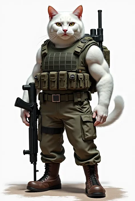 Un terrible chat blanc grand avec des vêtements de l'armée nationale tout en prenant des armes