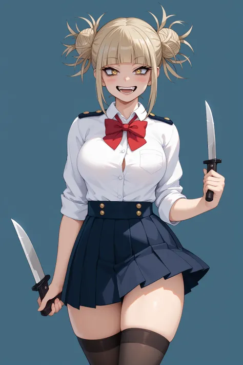 Himiko Toga from "My Hero Academia" in a setting where her school uniform is eroticized and her body is hypersexualized, with super hyper mega detailed attention to her physique. Himiko has blonde hair, disheveled and cut unevenly, short, with two longer s...