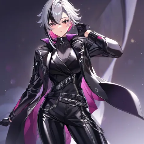  Harlequin from Genshin Impact

The garments in the image are made up of  :

1:  long black leather coat  :      It has a shiny and fitted design     ,     with a pink inner lining visible on the bottom    .

2: black fitted top:      With a zip-like front...