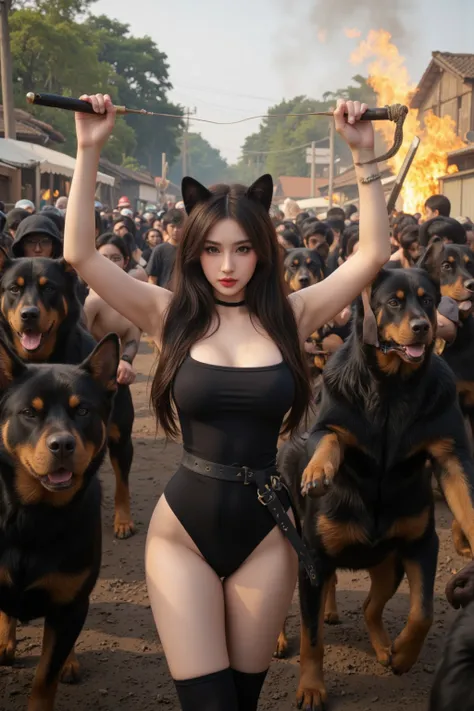 (Extreme complexity, multiple subjects), (Subjects 1: Sexy female (Asian influence, cat woman, big breasts, ample butt, short pumpkin fur, sexy black ninja outfit, large fierce eyes, weapons)( is in a life or death battle against a mob of Dog Men (Barbaria...