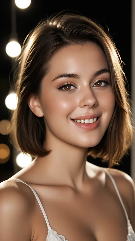  night,  RAW photo, (((very beautiful portrait))), (very beautiful portrait))),  a girl, 25 year old sexy girl, (( Natural Brown Hair with Short Cuts)), [ Brown Eyes],soft smile looking at the camera (neckline), (( masterpiece,  the best quality, ultra det...