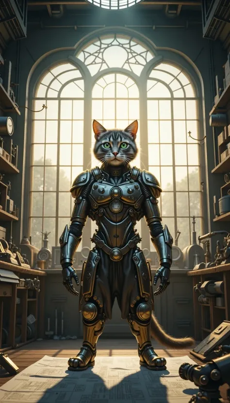  A breathtaking, cinematic digital painting of a cat scientist standing proudly in his steampunk laboratory as the morning sun casts golden light through large windows. His mechanical exoskeleton gleams under the light, and his green eyes reflect ambition ...