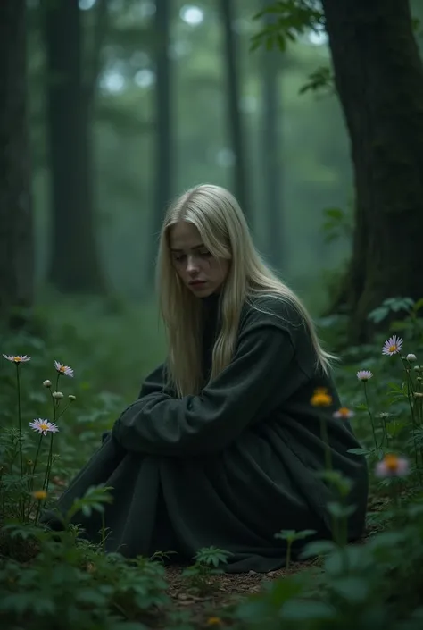 Sad blonde lonely depressed crying woman in forest 