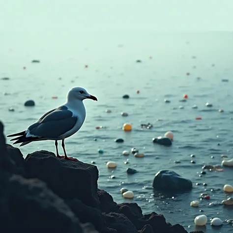 Sad seagull looking at a sea full of plastic 