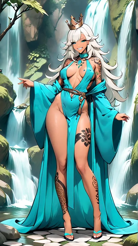  spring background with fantasy waterfall,posing for the spectator ,lascivious smile,  sexy pose, Wearing a turquoise nymph robe, a girl, Alone,  long hair,  white hair, big hair, crown of branches, tanned skin, seducing the spectator,tattooed on arms ,  t...