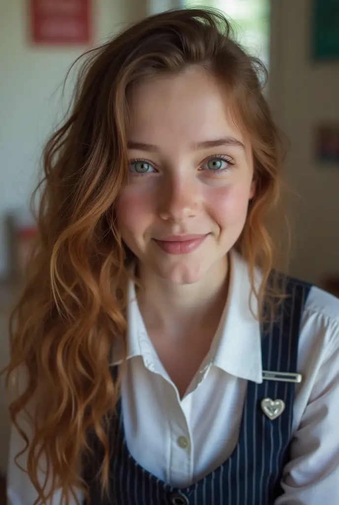 Thirteen-year-old girl smiling, red haired hair with two pigtails,He's wearing an unbuttoned white shirt, She is showing her breasts,  She has her hands behind her head  