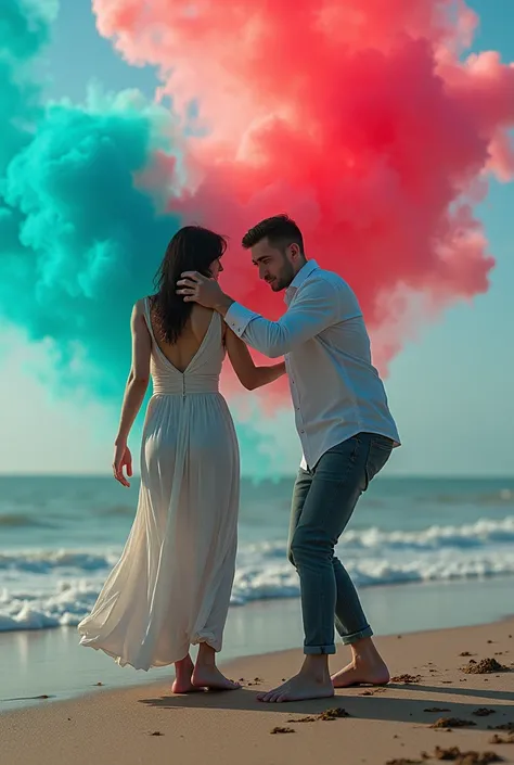 Woman who walks away crying man who holds her arm so that she doesn't go away sand from the sea colorful smoke bright colors real futuristic image