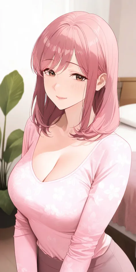 mature female, housewife, pink hair, medium hair, straight hair, long sleeve shirt, cleavage, milf, soft light, high detailed, best quality, upper body, pink colour costume, printed pattern using new style apply design, attractive bedroom plants and flower...