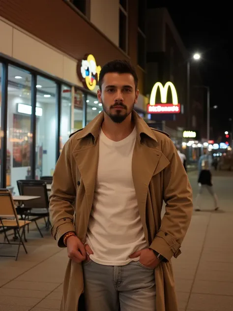 a young handsome turkish guy with muscle,  dark short hair and goatee beard he wearing a beige trenchcoat and white tshirt and a light loose jeans location is germany and its night random picture amateur photo amateur he is in mc donalds