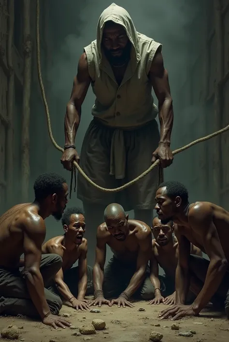 six slaves being punished by a white person with  a whip 